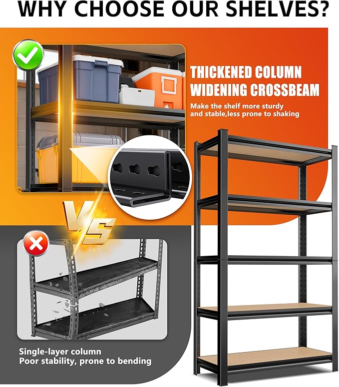 AOAORRG Set of 3 Garage Shelving Heavy Duty Storage Shelves, 5-Tier Metal Adjustable Shelving Unit, Utility Garage Organizer Shelf Rack for Basement, Pantry, Warehouse, 31.5"W x 13.8"D x 71.2"H, Black
