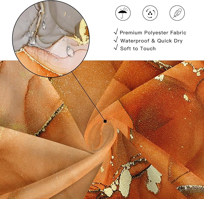 Orange Marble Shower Curtain, Burnt Orange Modern Abstract Fabric Shower Curtains for Bathroom, Luxury Art Ink Texture Watercolor Shower Curtain Set with Hooks 72x72