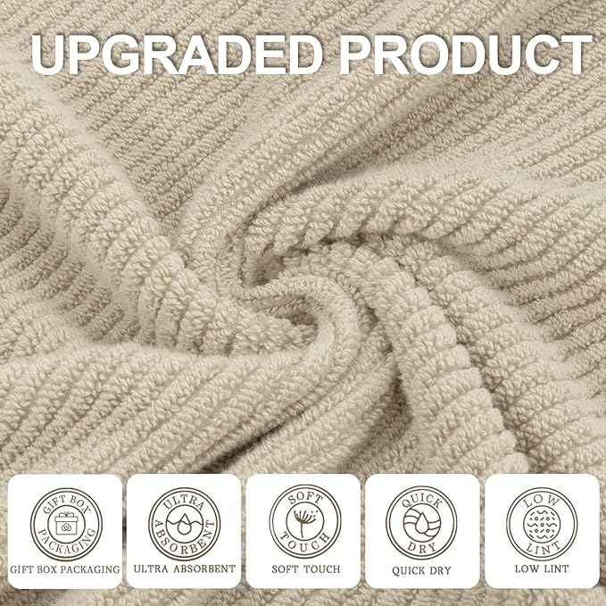 VOOVA & MOVAS Beige Towels for Bathroom - 100% Cotton | Quick Dry | Soft | Thick, 3 Piece Towel Set, 1 Large Bath 30" x 56", 1 Hand 18" x 28",1 Wash Cloth 13" x 13", Bathroom Essentials, Light Tan