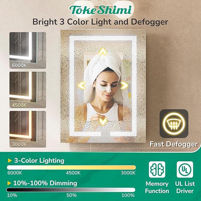TokeShimi 48x32 Lighted Medicine Cabinet with Mirrored and Sockets, Anti-Fog Surface or Recessed Medicine Cabinet Mirror Led 3 Colors Dimmable, Frontlit Mirror with Storage Bathroom Vanity