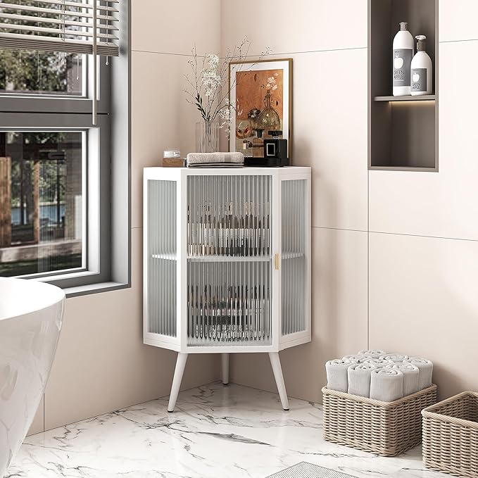 Corner Storage Cabinet with Glass Door, 31" & 43" Freestanding Triangle Floor Cabinet Modern Display Organizer Medicine Cabinets for Bathroom Living Room Bedroom (White, 31')