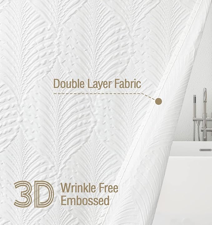 Gibelle Long Shower Curtain 72 x 78, Tall 3D Embossed Textured White Fabric Shower Curtain, Modern Farmhouse Chic Soft Cloth Bathroom Curtains Shower Set with Hooks