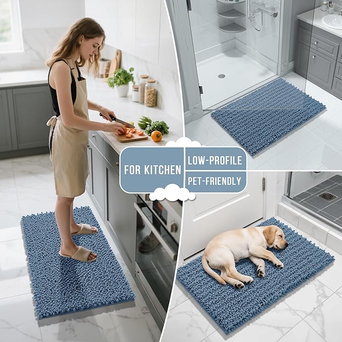 Yimobra Bathroom Runner Rug 60x24 Inch - Extra Long Non Slip Chenille Bath Mat, Soft & Absorbent, Machine Washable Shaggy Hallway Carpet for Vanity Tub Shower, Denim Blue Home Decor Accessories