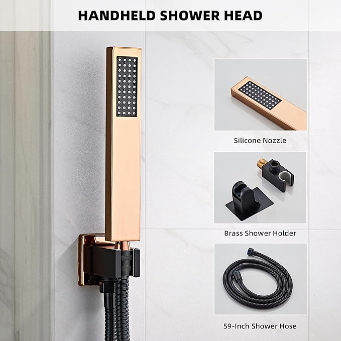 Shower Faucet Set, Matte Black and Rose Gold Rainfall Shower System Complete Wall Mounted for Bathroom with 12 Inch Square Shower Head and Handheld Shower Head Rain Mixer Combo Set
