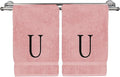 Monogrammed Hand Towel, Personalized Initial Gift, Extra Absorbent 100% Turkish Cotton - Soft Terry Finish - Set of 2 - Black Block Initial U - Embroidered on Pink Towels