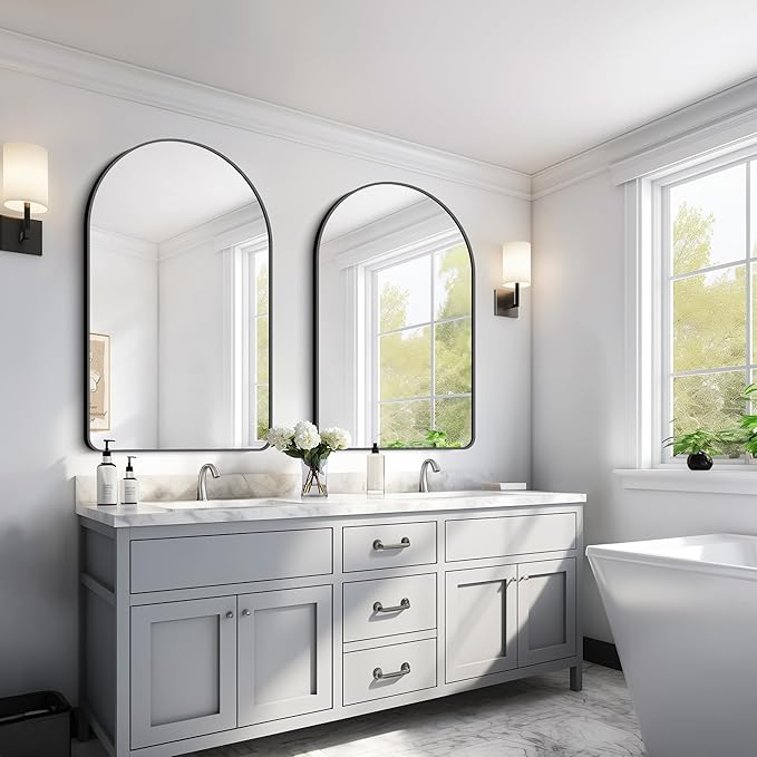 GLASHOM Arched Bathroom Mirror, 30"x48" Black Arched Mirror for Bathroom, Wall Mounted Mirror, Black Vanity Wall Mirror w/Metal Frame for Bedroom, Entryway, Living Room, Vertically Hanging