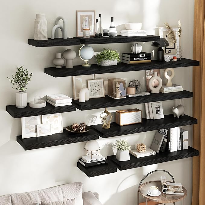 40 Inch Long Floating Shelves for Wall Set of 2, 12"D Wood Grain Bathroom Shelves with Invisible Brackets, Easy Install Engineered Wood Storage Shelves for Kitchen, Living Room, Bedroom, Black Finish