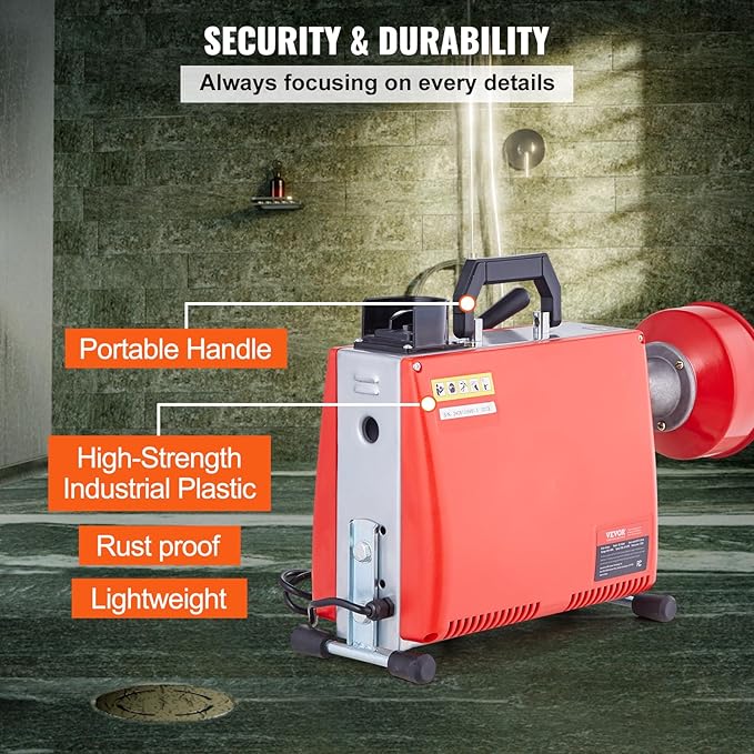 VEVOR 66FT x 5/8 Inch Drain Cleaner Machine, 250W Electric Sewer Snake Auger Manual Feed - with 7 Cutters, 2 Steel Cables (66' x 5/8" and 15' x 3/8")& CW/CCW Control for 1.6" to 4" Pipes
