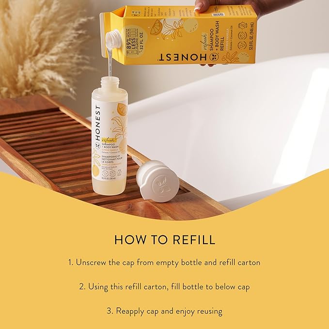 The Honest Company 2-in-1 Cleansing Shampoo Body Wash Refill Carton Gentle for Baby Naturally Derived Tear-free Hypoallergenic Citrus Vanilla Refresh 32 fl oz
