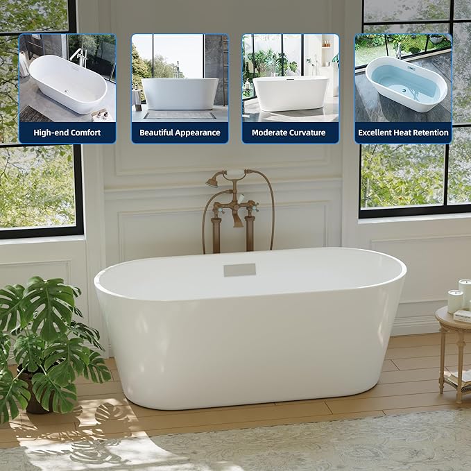 59'' Freestanding Bathtub, Deep Soaking Tub for Adults, Stand Alone Tub with Integrated Overflow Drain, cUPC Certified Modern Bathroom Tub, Acrylic, White