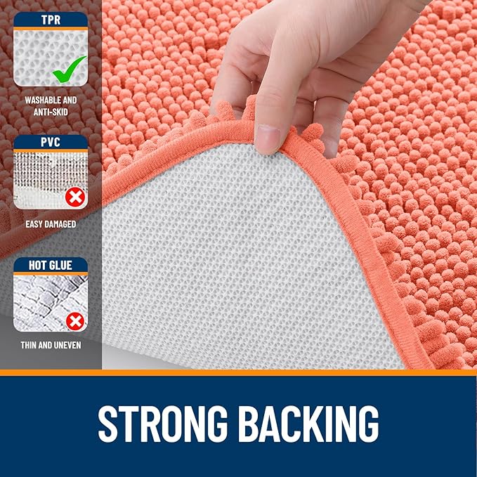 OLANLY Bathroom Rugs 44x24, Extra Soft Absorbent Chenille Bath Rugs, Rubber Backing Quick Dry, Machine Washable Bath Mats for Bathroom Floor, Tub and Shower, Home Decor Accessories, Coral