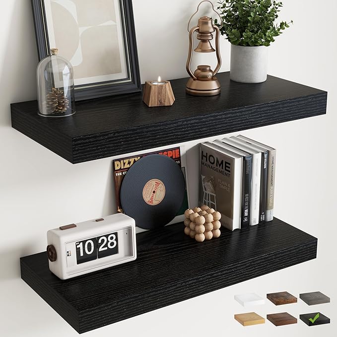 30 Inch Floating Shelves for Wall Set of 2, 12"D Wood Grain Bathroom Shelves with Invisible Brackets, Easy Install Engineered Wood Storage Shelves for Kitchen, Living Room, Bedroom, Black Finish