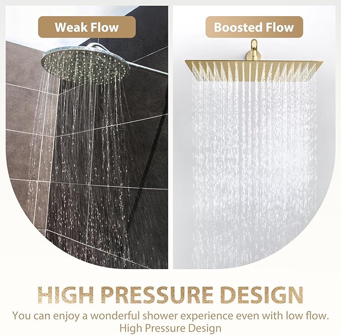 Gold Rain Shower Head, 16 Inch Ultra Thin 304 Stainless Steel Square Rainfall Shower Head, Full Body Coverage with 324 Silicone Nozzle Waterfall Showerhead