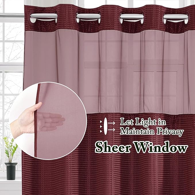 Gibelle Extra Long Shower Curtain 72x86, Waffle Weave Bathroom Shower Curtain with Snap-in Fabric Liner Set, No Hooks Needed, Hotel Style with Mesh Top Window, Burgundy