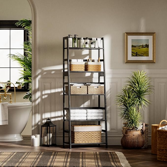 Ladder Shelf, 5-Tier Bookshelf, All Bamboo Heavy Duty Bookcase, Freestanding Open Wood Storage Rack, Modern Corner Display Plant Stand for Living Room, Home Office, Bathroom, Bedroom, Black