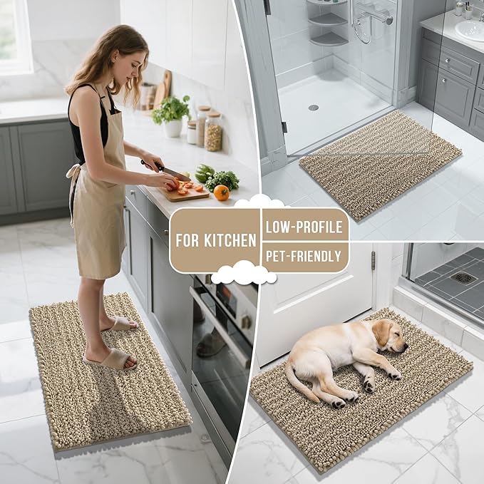 Yimobra Long Bathroom Rugs Non Slip Washable 44x24 Inch - Ultra Soft Absorbent Chenille Bath Mat, Quick Dry Shaggy Floor Carpet for Tub Shower, Camel Home Decor Accessories