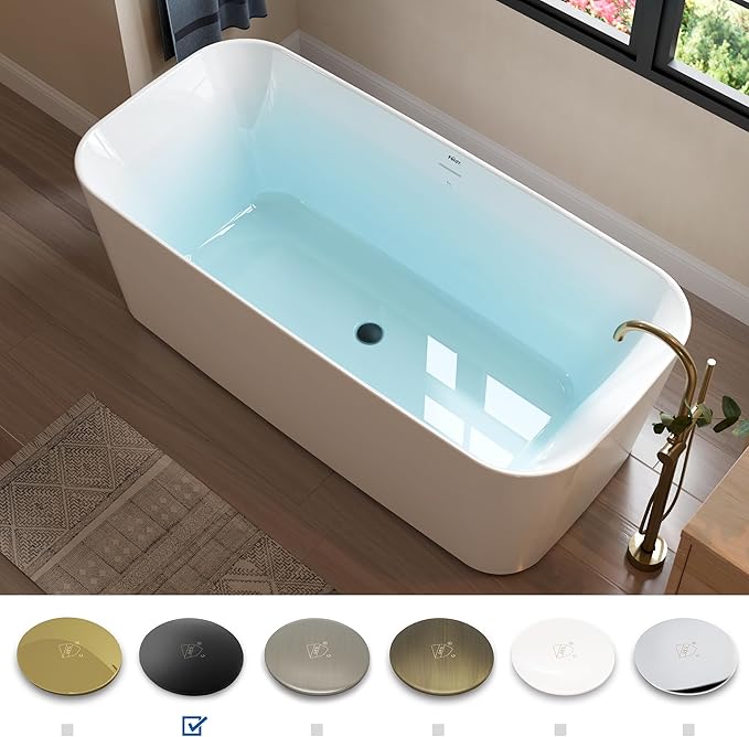 FerdY Maui 67" Acrylic Freestanding Bathtub, Contemporary Elegant Design Soaking Tub with Matte Black Drain and Minimalist Linear Design Overflow, Easy to Install