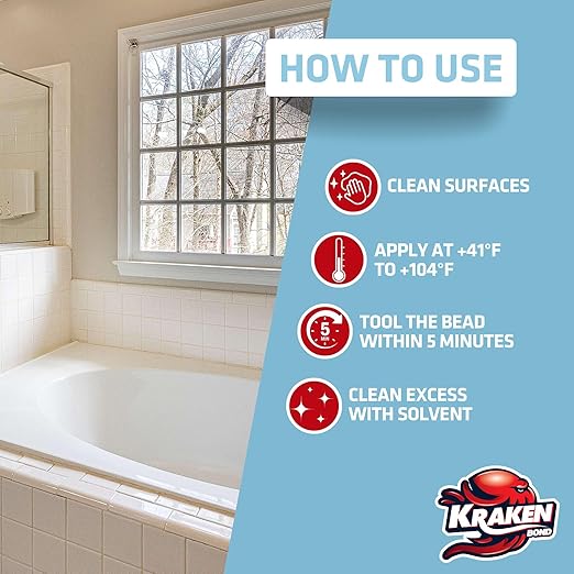 Kraken Bond Premium Kitchen and Bathroom Silicone Caulk Clear - (24x10.1 fl.oz) RTV Clear Silicone Sealant Waterproof for Kitchen, Bathroom, Shower, Sink, Anti Shrink 100% Silicone Caulking | 24 Pack