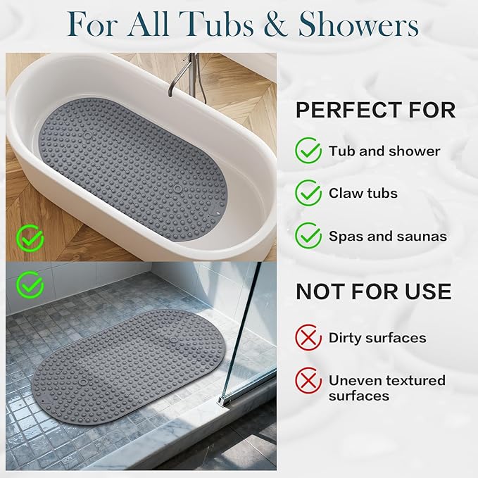 Silicone Push Pop Bath Mat with 391 Suction Cups,33x17.3 Inch Non-Slip Tub Mat for Adults, Superior to Foldable Mats for Safety & Stability with Drain Holes, Gray Thickend Soft Shower Mat
