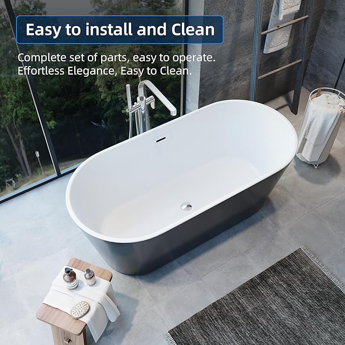 59'' Acrylic Freestanding Bathtub, Deep Soaking Tub with Non-Slip Base, cUPC Certified, Modern Black Bath Tub with Chrome Drain, Free Standing Tub for Bathrooms