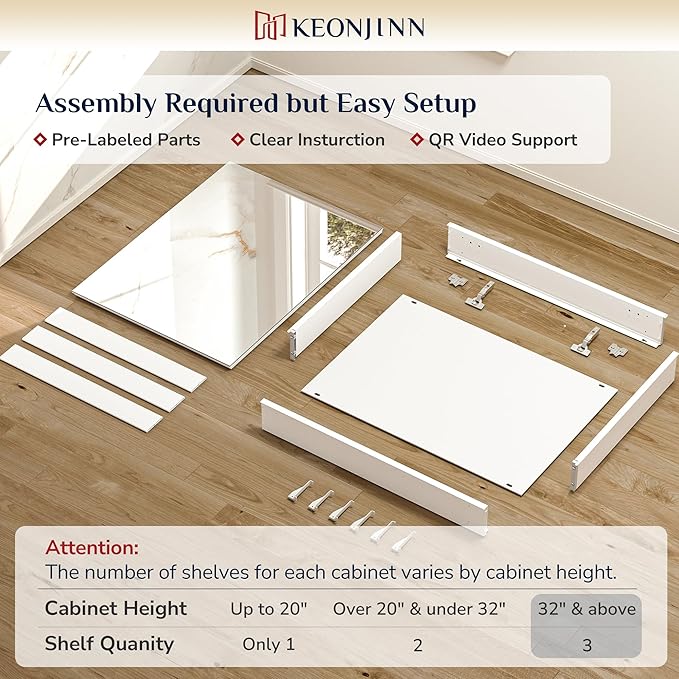 Keonjinn 24 x 32 Inch Medicine Cabinet Mirror, Assembly Required, Large White Medicine Cabinets for Bathroom, Stepless Adjustable Shelves, Tempered Glass, Soft Closing, Recessed or Wall Mount