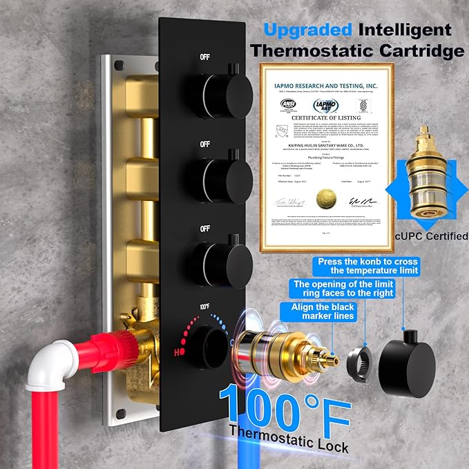 HOMEDEC 3 Way Thermostatic Shower Diverter Valve, Brass 3/4" Inlet and 1/2" Outlet, Multi-Function Diverter with Independent Controls, Black