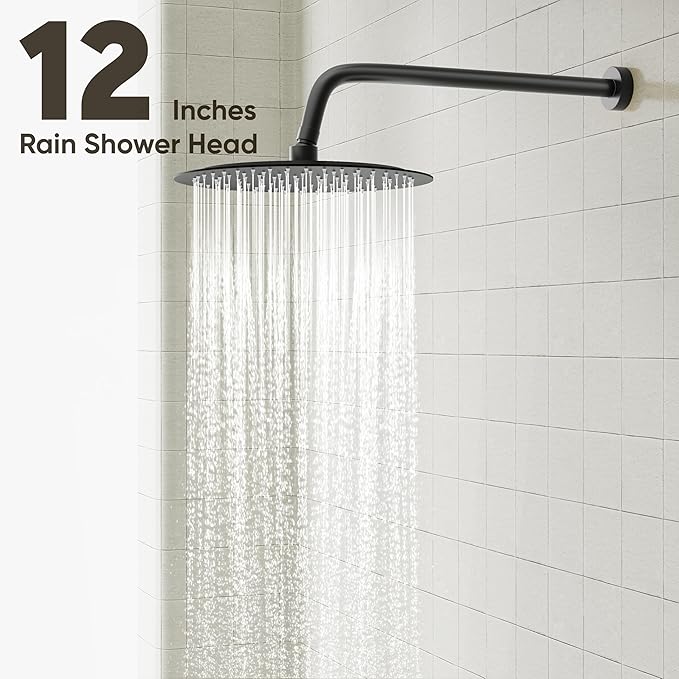 Gabrylly Black Bathtub Shower Faucet Set - 12" Rain Showerhead & Handheld Spray, High Pressure Shower Head with Pressure Balance Valve, Matte Black