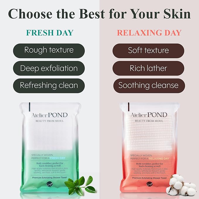 Korean Exfoliating Washcloth 2-Pack – Shower Towel Body Scrub Cloths for Deep Cleansing & Dead Skin Removal (Fresh Green + Relax Orange – Value Set)