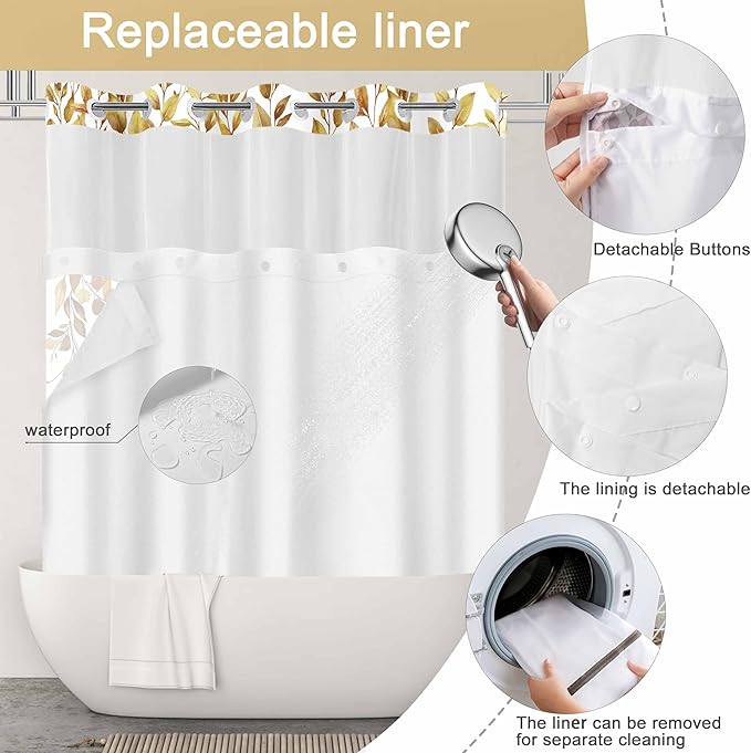 No Hook Shower Curtain and Liner Set, Yellow Eucalyptus Floral Shower Curtains for Bathroom, Bath Curtain Sets with Snap in Liner, Waterproof with See Through Top Window, 71x74 Inches