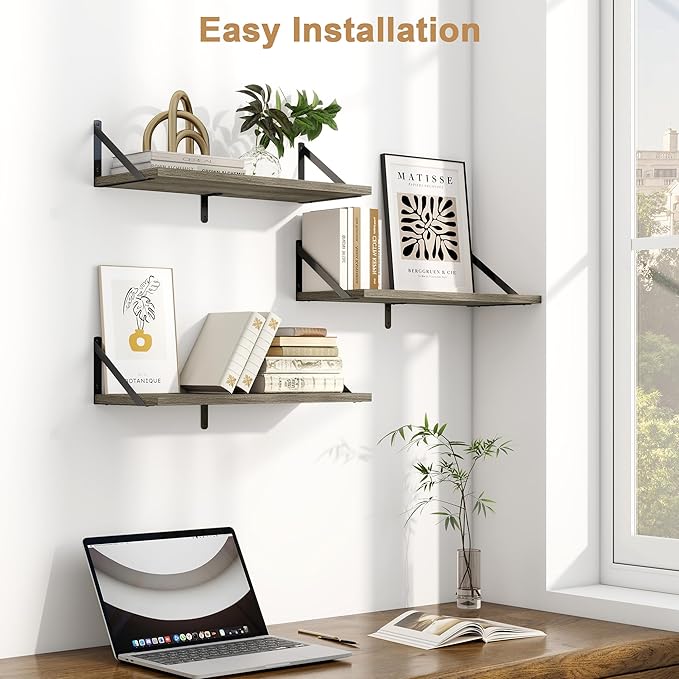 Fun Memories Floating Bookshelves, Set of 3 Wall-Mounted Wood Shelves 24" W x 8" D, Decorative Wall Shelf for Living Room, Bedroom, Bathroom, and Laundry Room (Grey)