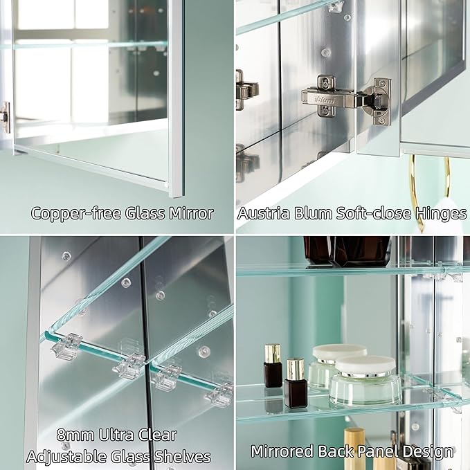 WELLFOR 20" x 36" Bathroom Medicine Cabinet, Anodized Chrome Aluminum Frame, Medicine Cabinet with Adjustable Glass Shelves, Bathroom Cabinet with Reverse Door Installation, Surface or Recess Mount