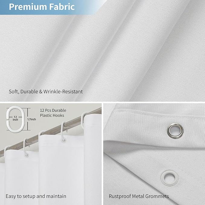 2-in-1 Waterproof Extra Long Fabric Shower Curtain or Liner,Linen Textured,96 Inch Breathable TPU & Washable Bathroom Shower Curtain Set with 12 Plastic Hooks,Modern,72"x96",White
