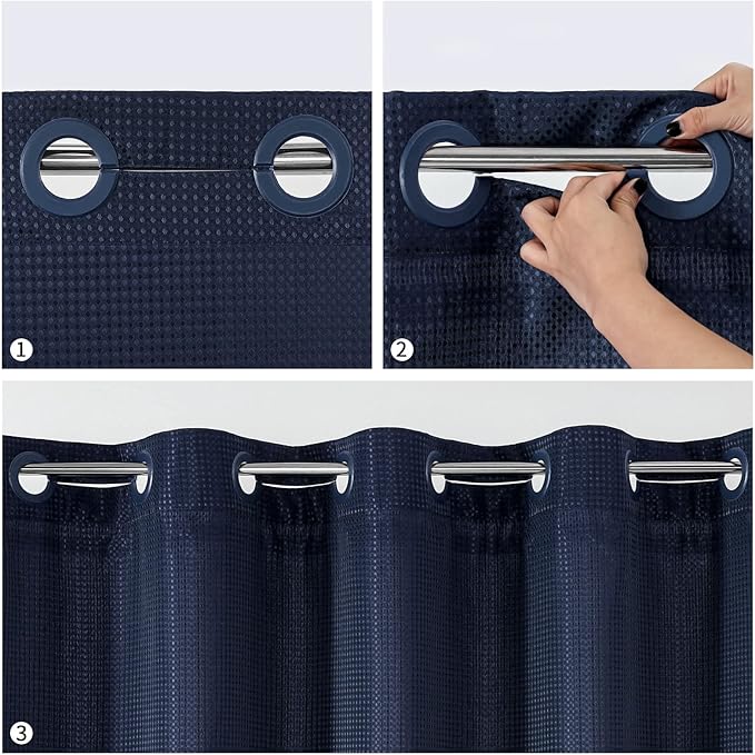 MitoVilla No Hooks Needed Small Stall Shower Curtain Liner Set 36 x 74, Navy Blue Waffle Half Size Narrow Waffle Weave Fabric Shower Curtain Set with Snap-in Liner for Modern Spa-Like Bathroom Decor