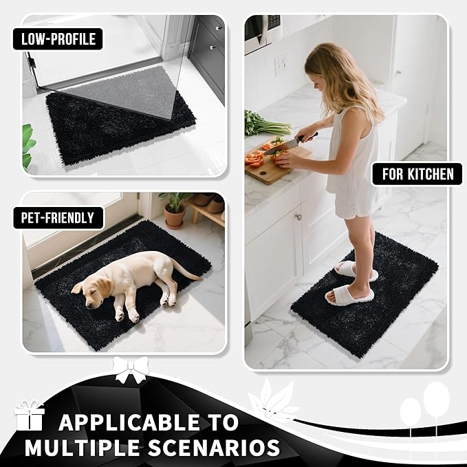Yimobra Long Bathroom Rugs Runner 55x24 Inch, Extra Thick Soft Absorbent Chenille Bath Mat, Non Slip Machine Washable, Quick Dry Bath Rugs for Bathroom Floor, Tub and Shower, Black
