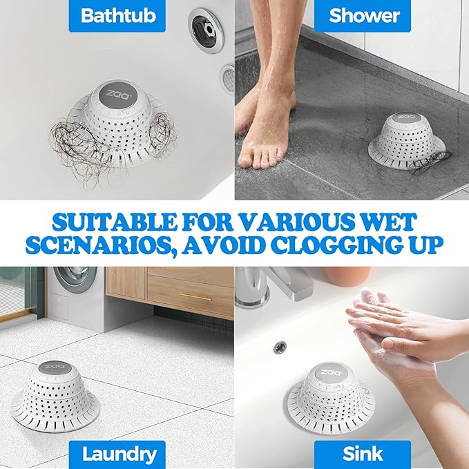 zaa Bathtub Drain Hair Catcher, Premium Silicone Collapsible 1 Pack Drain Protector for Pop-Up and Regular Drains of Shower, Tub, Bathroom, Sink, Light Gray