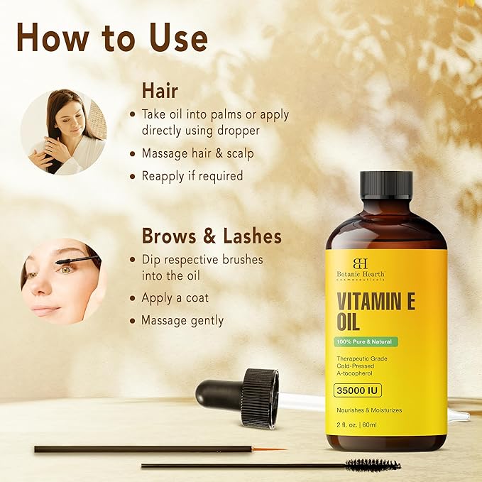 Botanic Hearth Vitamin E Oil (Glass Bottle 2 Fl Oz Set of 2) | 100% Pure and Natural Oil for Growth of Nails, Hair, Eyebrows & Eyelashes | 35,000 Iu | Hair & Body Oil with Eyebrow & Eyelash Brush