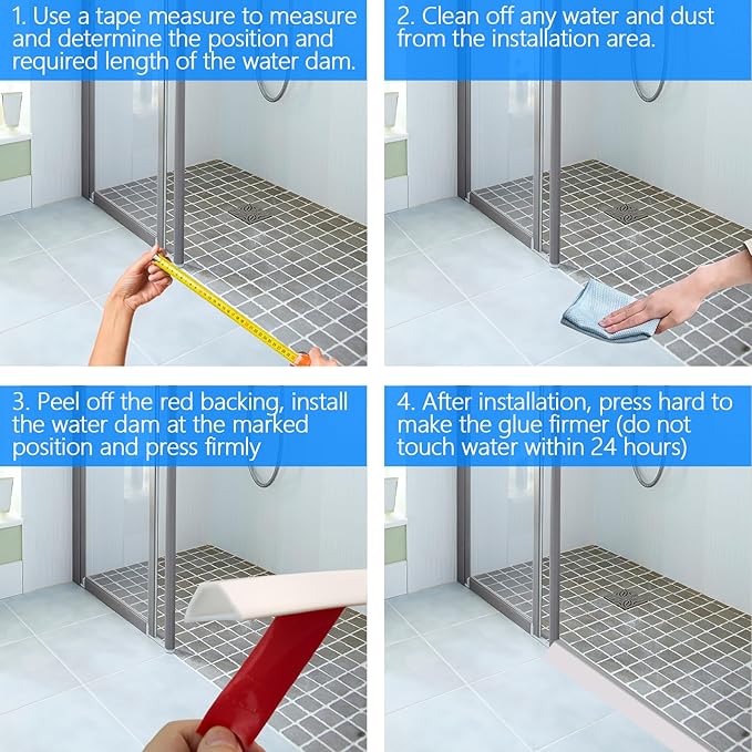 Shower Threshold Water Dam Guard - Self-Adhesive Silicone Waterproof Barrier, Water Stopper Shower Door Bottom Seal Strip Shower Splash Guard for Bathroom Kitchen Bathtub (118in, White)