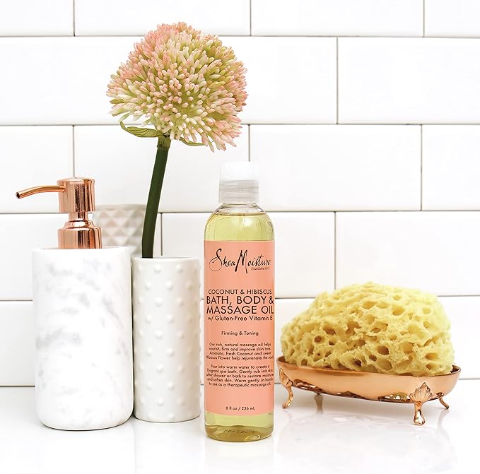 Shea Moisture Coconut & Hibiscus Massage Oil and Body Oil for Dry Skin, Bath Oil with Coconut Oil and Vitamin E Oil for Skin, 8 oz