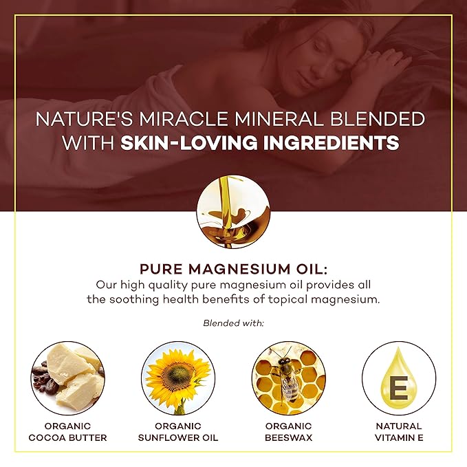 Seven Minerals, Natural Magnesium Cream for Pain Calm, Leg Cramps, Sleep & Muscle Soreness With Moisturizing Organic Cocoa Butter & Vitamin E - No Harmful Ingredients USA Made Safe for Kids (8 fl oz)