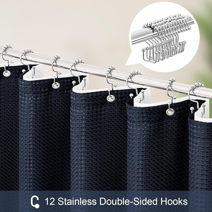 3 in 1 Long Navy Blue Shower Curtain Set-72 W x 78 H, Modern Waffle and PEVA Liner Set with 12 Stainless Steel Hooks, Waterproof Fabric for Bathroom