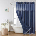 No Hook Extra Long Shower Curtain Set with Snap-in Liner,Linen Textured Thick Striped Fabric with Tassels,Boho Chic Modern Farmhouse Bathroom Curtain,Water-Repellent,Navy Blue,71x86
