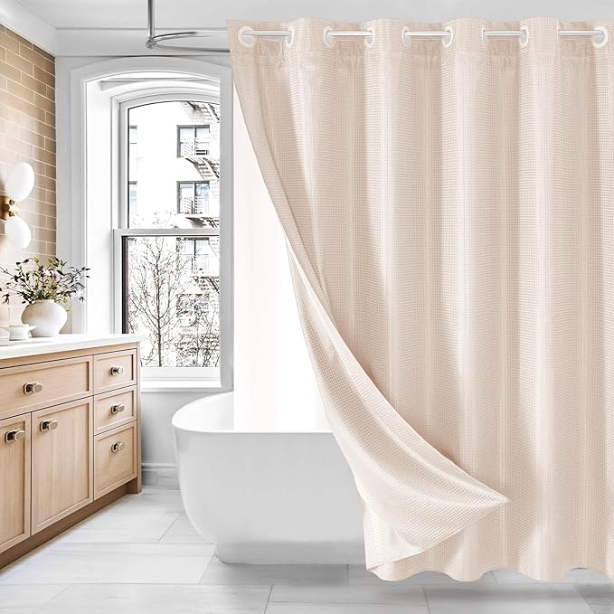 MitoVilla No Hooks Needed Pink Waffle Shower Curtain Liner Set, Modern Waffle Weave Heavy Duty Fabric Cloth Shower Curtain with Snap-in Liner for Luxury Neutral Hotel Spa Bathroom Decor, 72 x 74