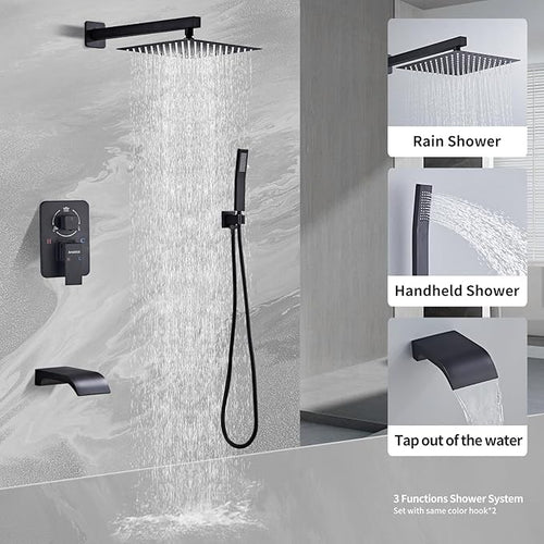 10" Matte Black Shower Faucet Set – Square Rainfall Showerhead + Handheld & Waterfall Spout, Wall-Mounted, Anti‑Clog Silicone – Modern Bathroom Hardware