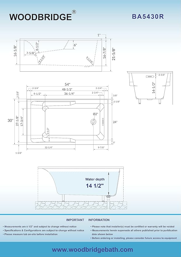 WOODBRIDGE 54" Acrylic Rectangular Alcove Soaking Bathtub in White with Right Drain, Chrome Pop-Up Drain Included BA5430R