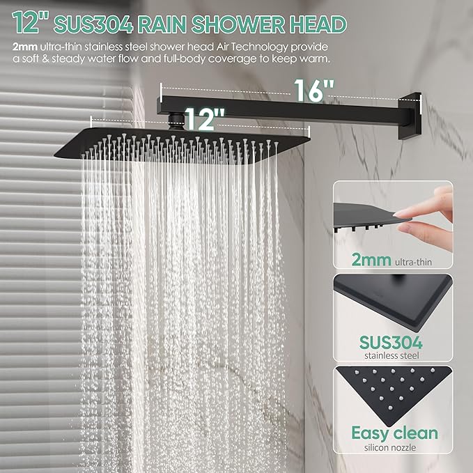Black Tub Shower System, All Metal Tub Shower Faucet Set with 12" Rain Shower Head and Handheld Spray combo, Wall Mounted Shower Systems with Tub Spout, Valve and Trim Kit, Matte Black