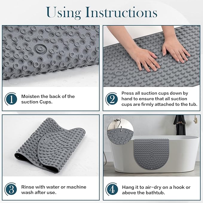 Silicone Push Pop Bath Mat with 391 Suction Cups,33x17.3 Inch Non-Slip Tub Mat for Adults, Superior to Foldable Mats for Safety & Stability with Drain Holes, Gray Thickend Soft Shower Mat