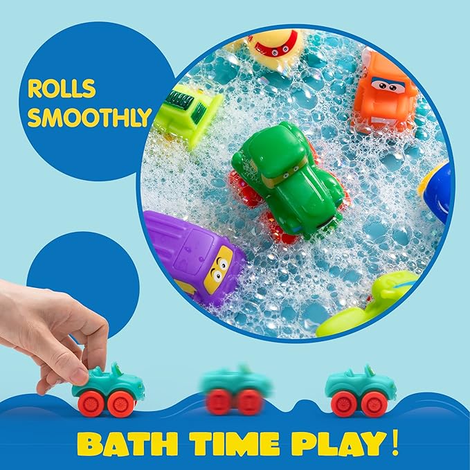 JOYIN Cartoon Cars, Soft Rubber Toy Car Set, Mini Vehicles, Bath Toy Car for Toddlers, Christmas Great Gift for Boys and Girls, Summer Beach and Pool Activity, Party Favors for Kids