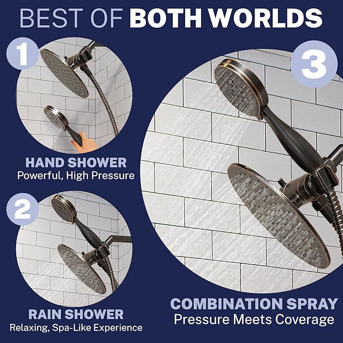 HammerHead Showers Dual Shower Head Combo, 8-Inch Rainfall & 3-Flow Handheld, Oil Rubbed Bronze, 2.5 GPM