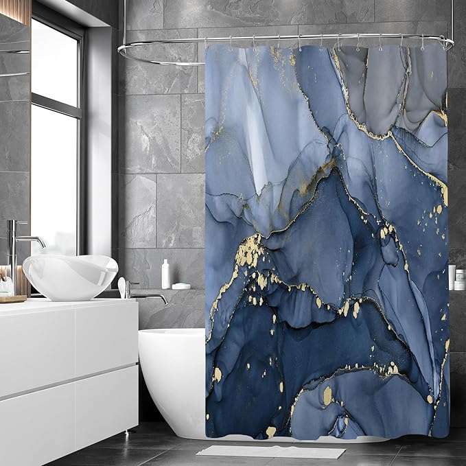Extra Long Shower Curtain 72 x 84 Inch, Navy Blue Tall Abstract Marble Shower Curtains for Bathroom, Modern Luxury Art Decor Ink Texture Fabric Shower Curtain Set with Hooks