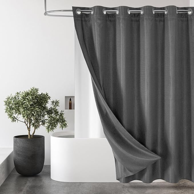 MitoVilla No Hooks Needed Extra Long Shower Curtain Liner Set, Grey 86 inch XL Heavyweight Waffle Fabric Cloth Shower Curtains Set with Snap-in Liner for Modern Luxury Hotel & Spa Bathroom Decor